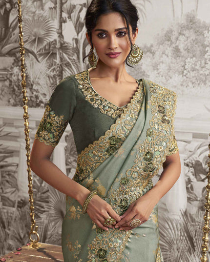 Mint Grey Viscose Jacquard Embroidered Designer Saree