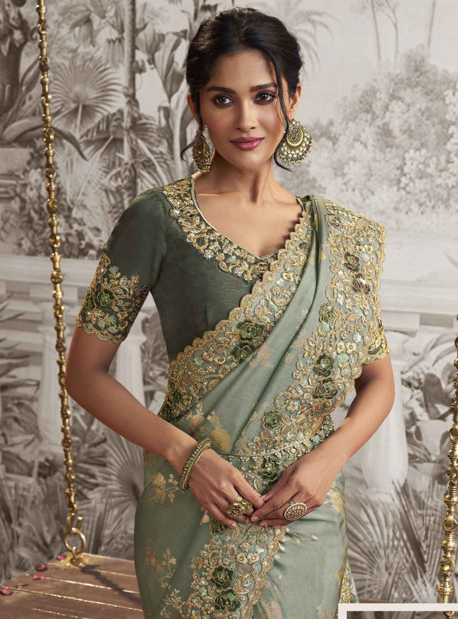 Mint Grey Viscose Jacquard Embroidered Designer Saree