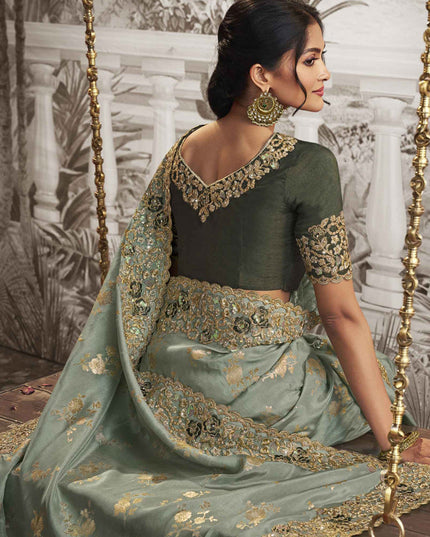 Mint Grey Viscose Jacquard Embroidered Designer Saree
