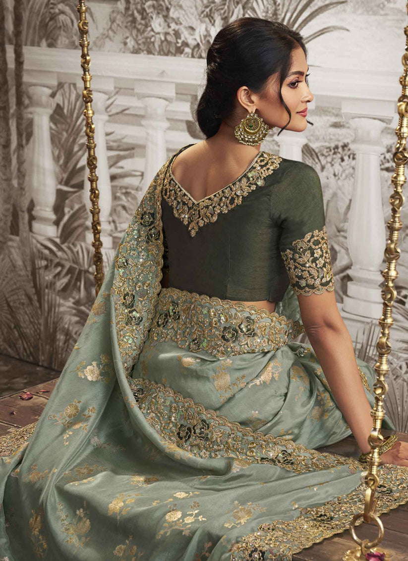 Mint Grey Viscose Jacquard Embroidered Designer Saree