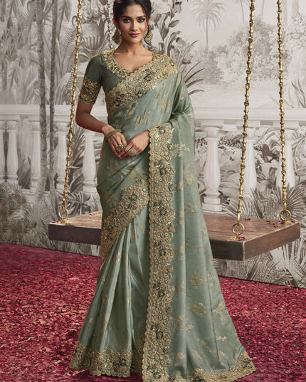 Mint Grey Viscose Jacquard Embroidered Designer Saree
