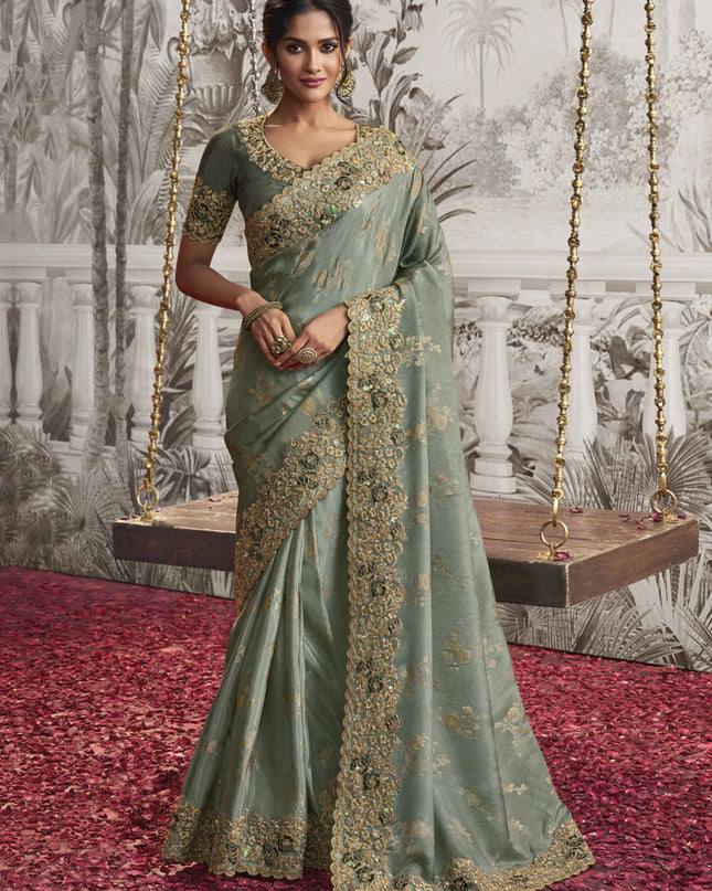 Mint Grey Viscose Jacquard Embroidered Designer Saree