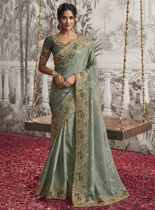 Mint Grey Viscose Jacquard Embroidered Designer Saree