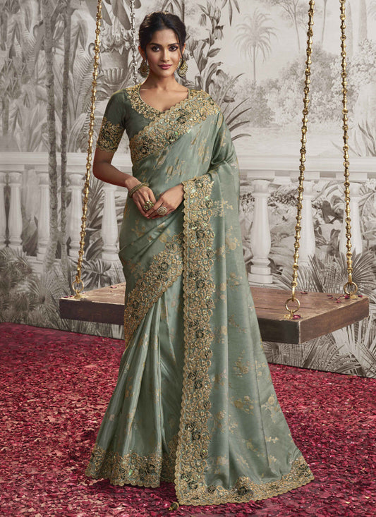 Mint Grey Viscose Jacquard Embroidered Designer Saree
