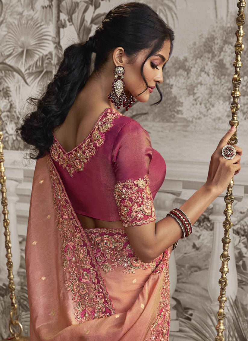 Coral Pink and Cherry Pink Viscose Jacquard Embroidered Designer Saree