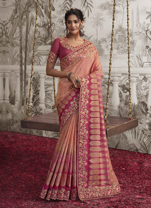 Coral Pink and Cherry Pink Viscose Jacquard Embroidered Designer Saree