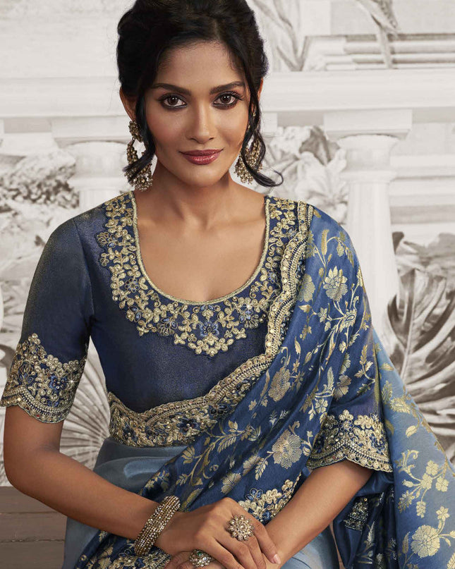 Steel Blue Viscose Jacquard Embroidered Designer Saree