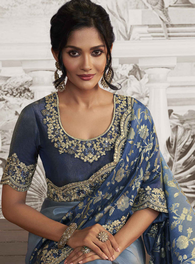 Steel Blue Viscose Jacquard Embroidered Designer Saree
