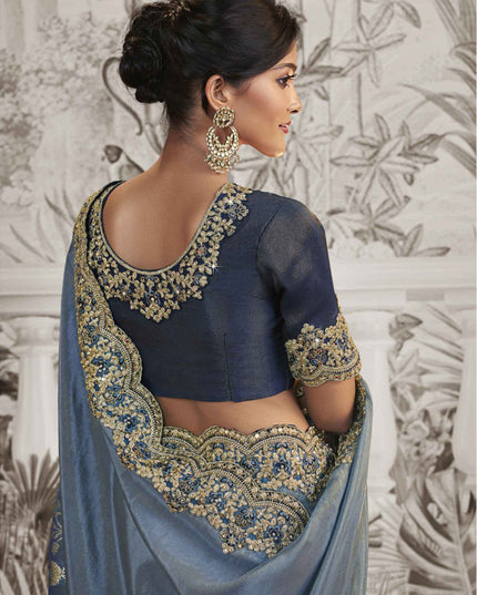 Steel Blue Viscose Jacquard Embroidered Designer Saree