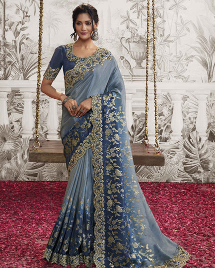 Steel Blue Viscose Jacquard Embroidered Designer Saree