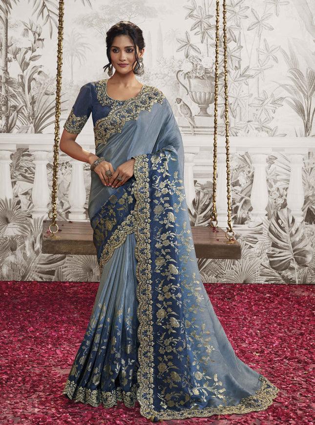 Steel Blue Viscose Jacquard Embroidered Designer Saree