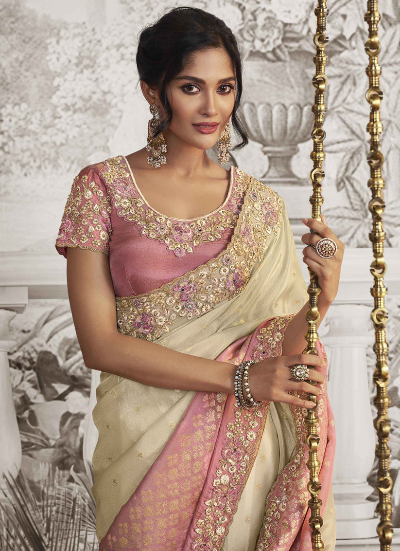 Off White and Pink Viscose Jacquard Embroidered Designer Saree