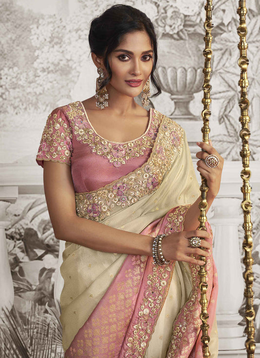 Off White and Pink Viscose Jacquard Embroidered Designer Saree