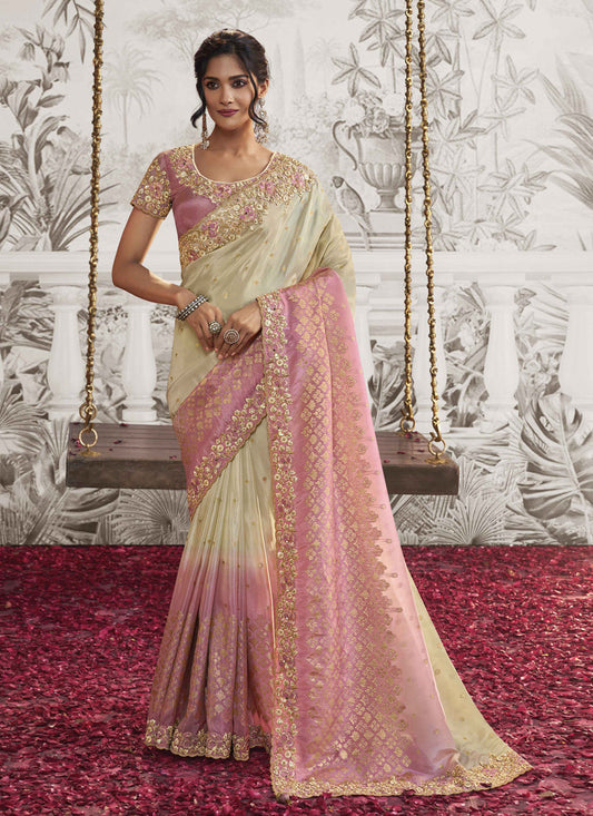 Off White and Pink Viscose Jacquard Embroidered Designer Saree