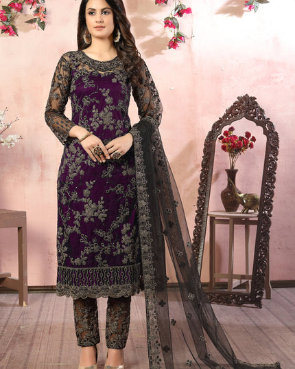 Sweet Eggplant Net Embroidered Designer Pant Kameez