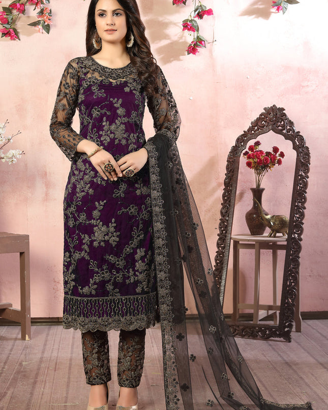 Sweet Eggplant Net Embroidered Designer Pant Kameez