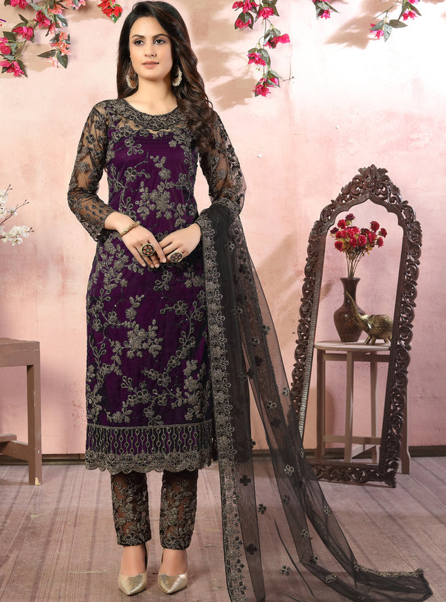Sweet Eggplant Net Embroidered Designer Pant Kameez