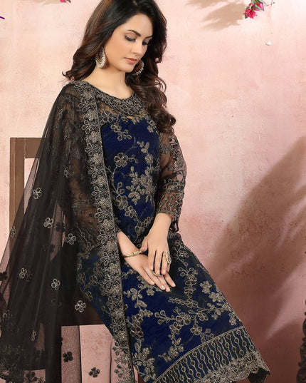 Dashing Midnight Blue Net Embroidered Designer Pant Kameez