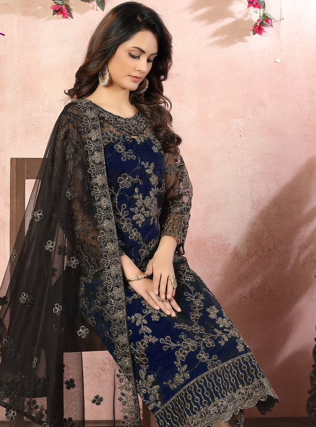 Dashing Midnight Blue Net Embroidered Designer Pant Kameez