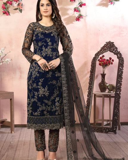 Dashing Midnight Blue Net Embroidered Designer Pant Kameez