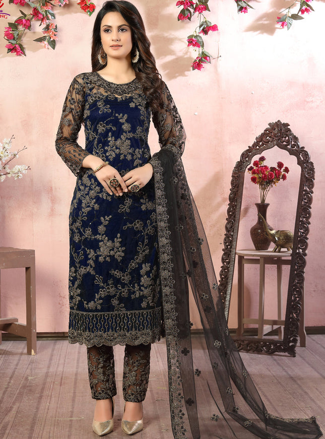 Dashing Midnight Blue Net Embroidered Designer Pant Kameez