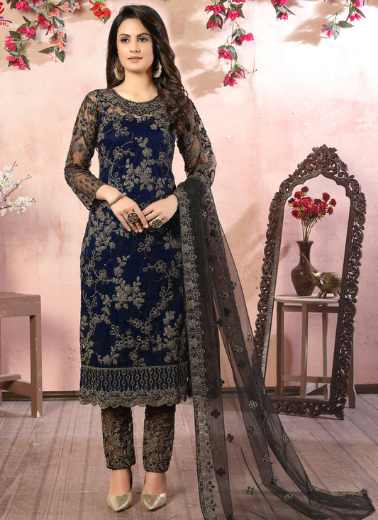Dashing Midnight Blue Net Embroidered Designer Pant Kameez
