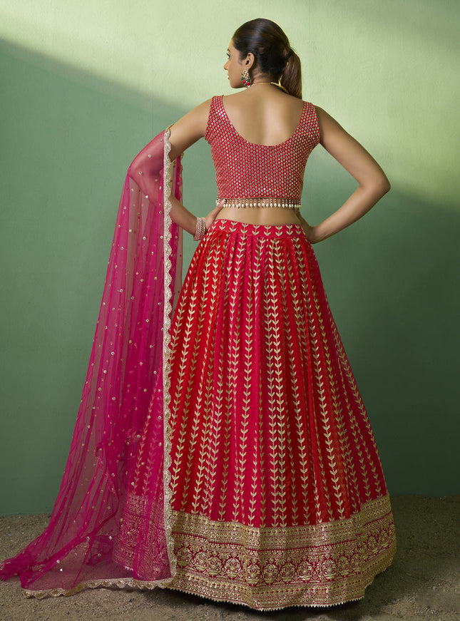 Red Georgette Embroidered Lehenga Choli