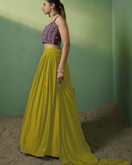 Lime Green Georgette Embroidered Lehenga Choli
