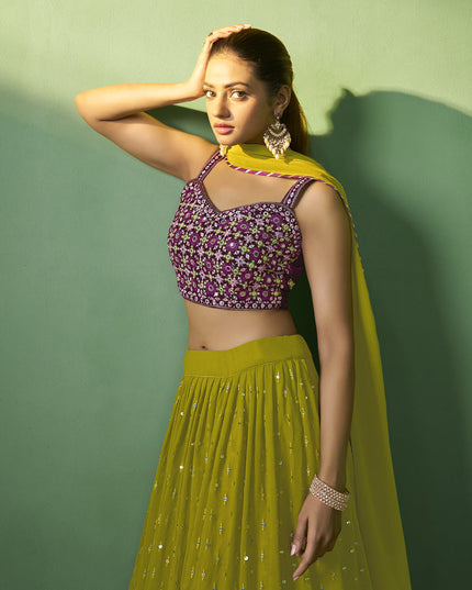 Lime Green Georgette Embroidered Lehenga Choli