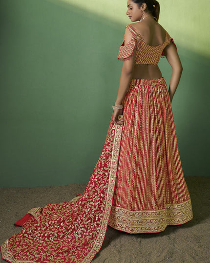Red Georgette Embroidered Lehenga Choli