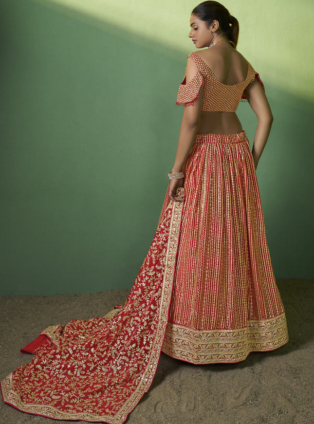 Red Georgette Embroidered Lehenga Choli