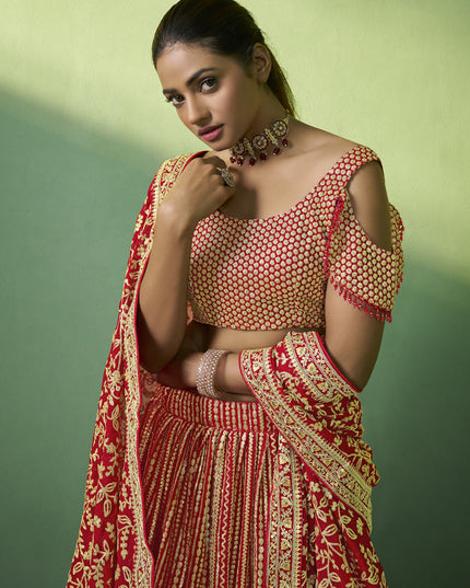 Red Georgette Embroidered Lehenga Choli