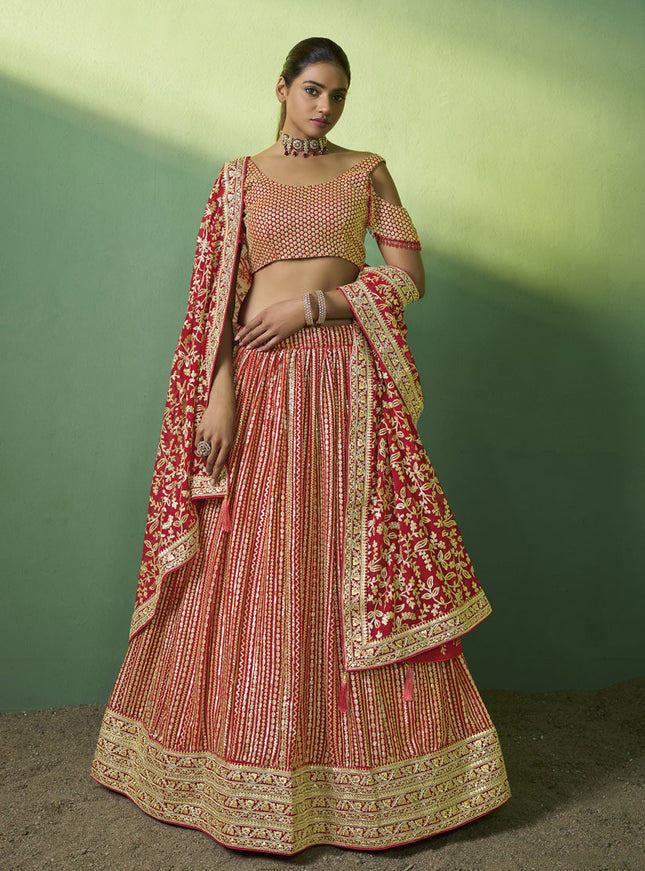 Red Georgette Embroidered Lehenga Choli