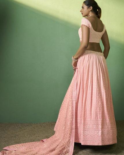 Coral Pink Georgette Embroidered Lehenga Choli