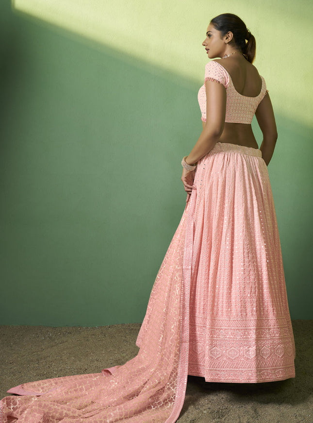 Coral Pink Georgette Embroidered Lehenga Choli