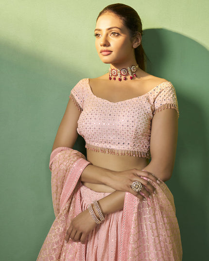 Coral Pink Georgette Embroidered Lehenga Choli