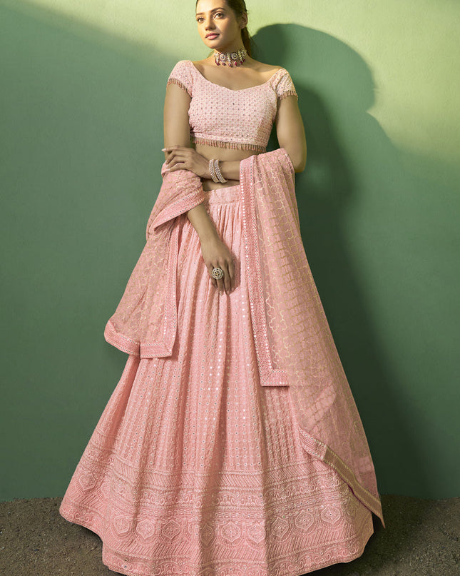 Coral Pink Georgette Embroidered Lehenga Choli