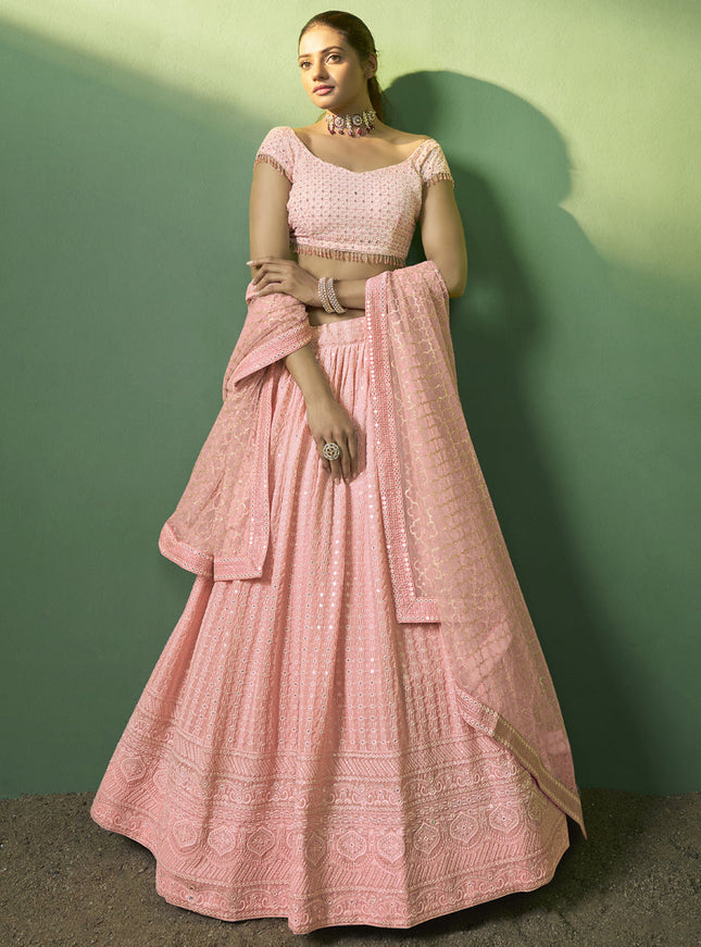 Coral Pink Georgette Embroidered Lehenga Choli