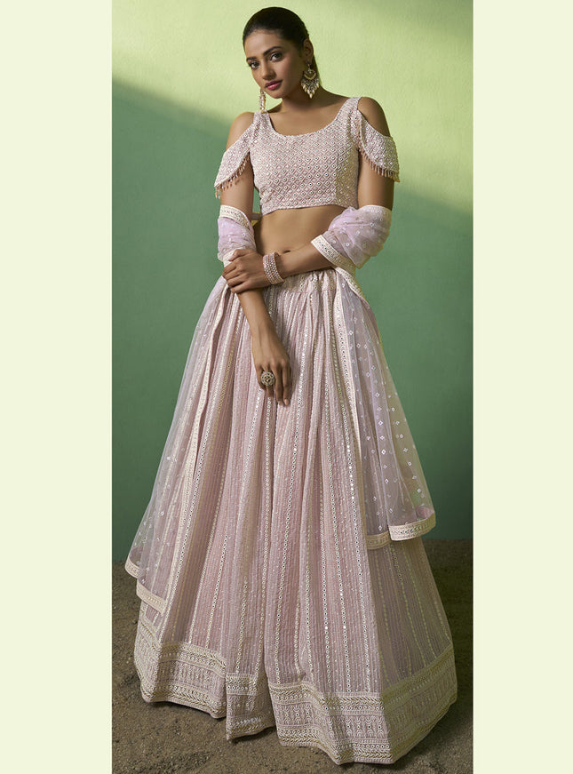 Lilac Pink Georgette Embroidered Lehenga Choli
