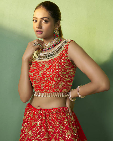 Red Georgette Embroidered Lehenga Choli
