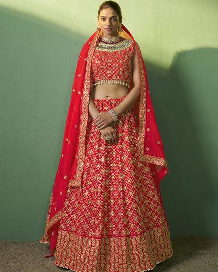 Red Georgette Embroidered Lehenga Choli