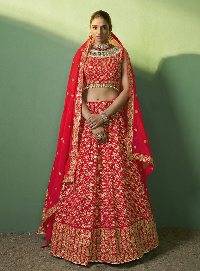 Red Georgette Embroidered Lehenga Choli