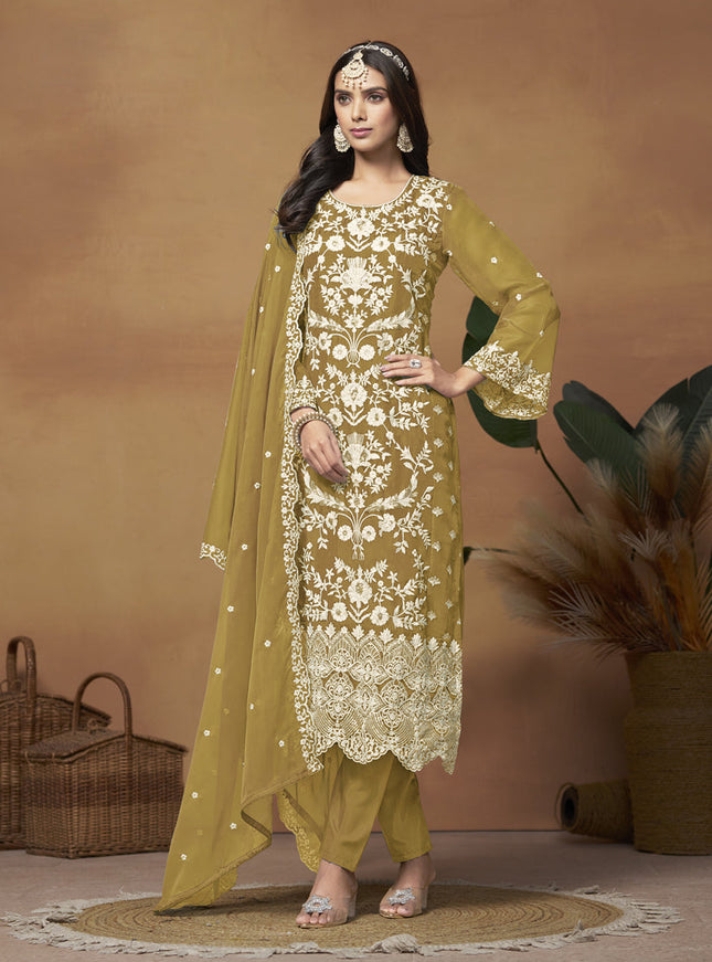 Mehendi Organza Embroidered Plus Size Suit