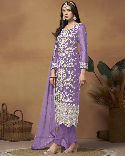 Purple Organza Embroidered Plus Size Suit