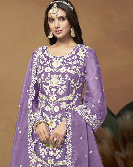 Purple Organza Embroidered Plus Size Suit