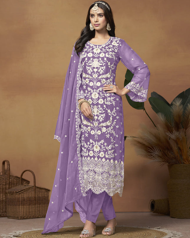 Purple Organza Embroidered Plus Size Suit
