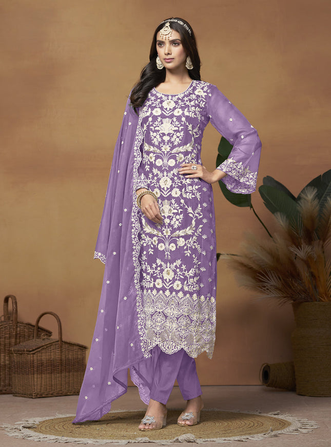 Purple Organza Embroidered Plus Size Suit