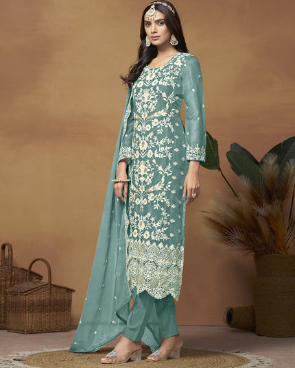 Teal Green Organza Embroidered Plus Size Suit