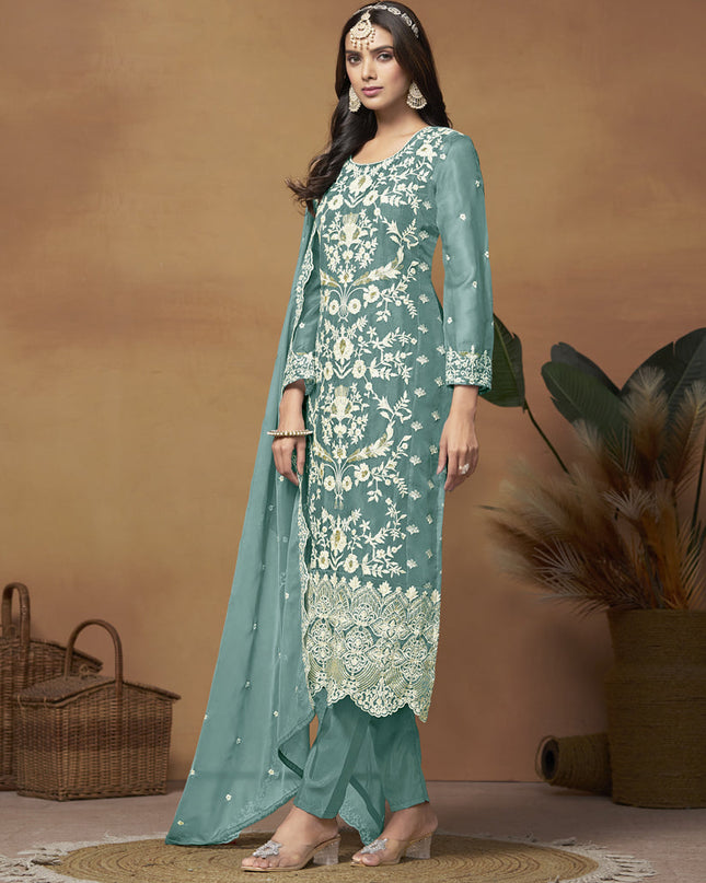 Teal Green Organza Embroidered Plus Size Suit
