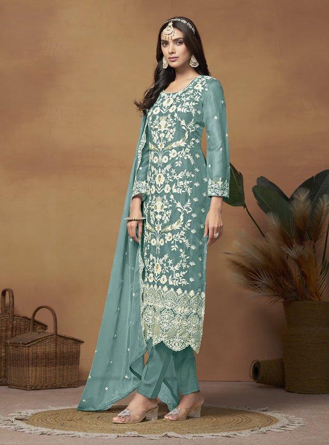 Teal Green Organza Embroidered Plus Size Suit